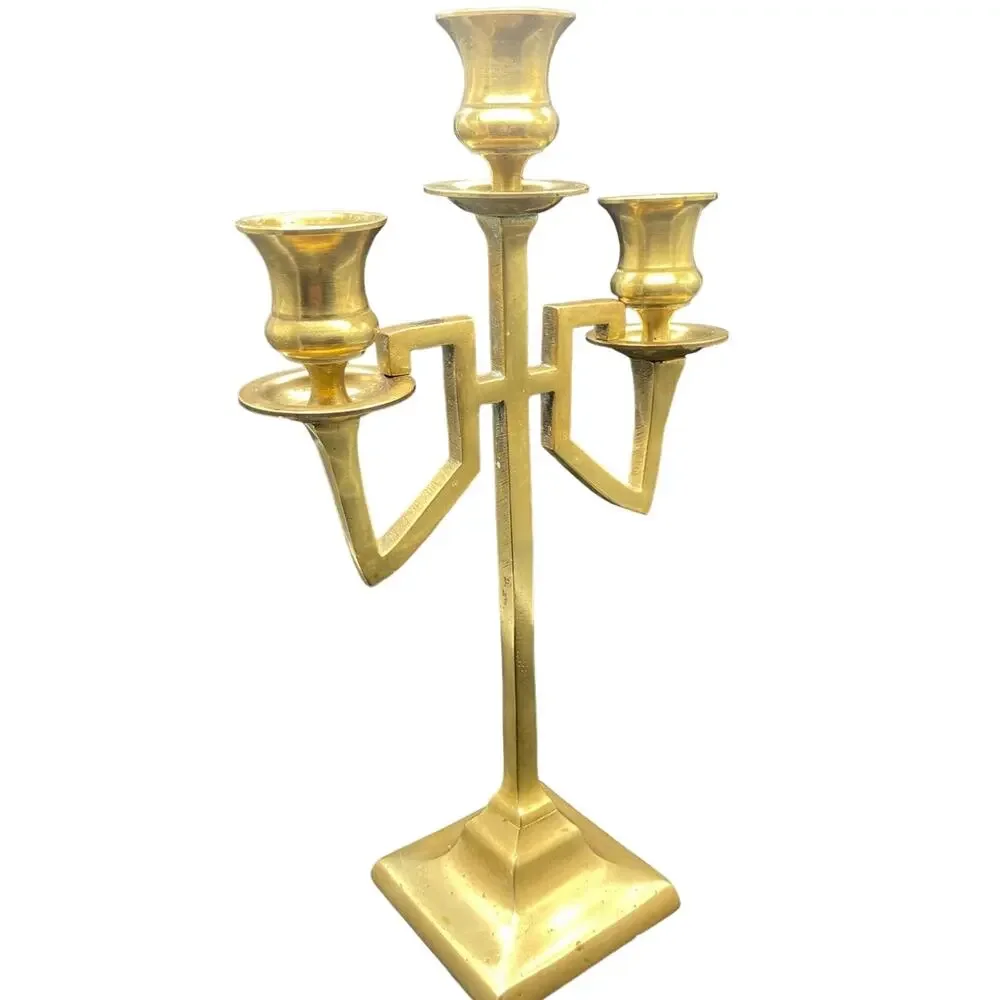 Vintage Brass Art‎ Deco Candelabra Pair Geometric Taper Candle Holders 12